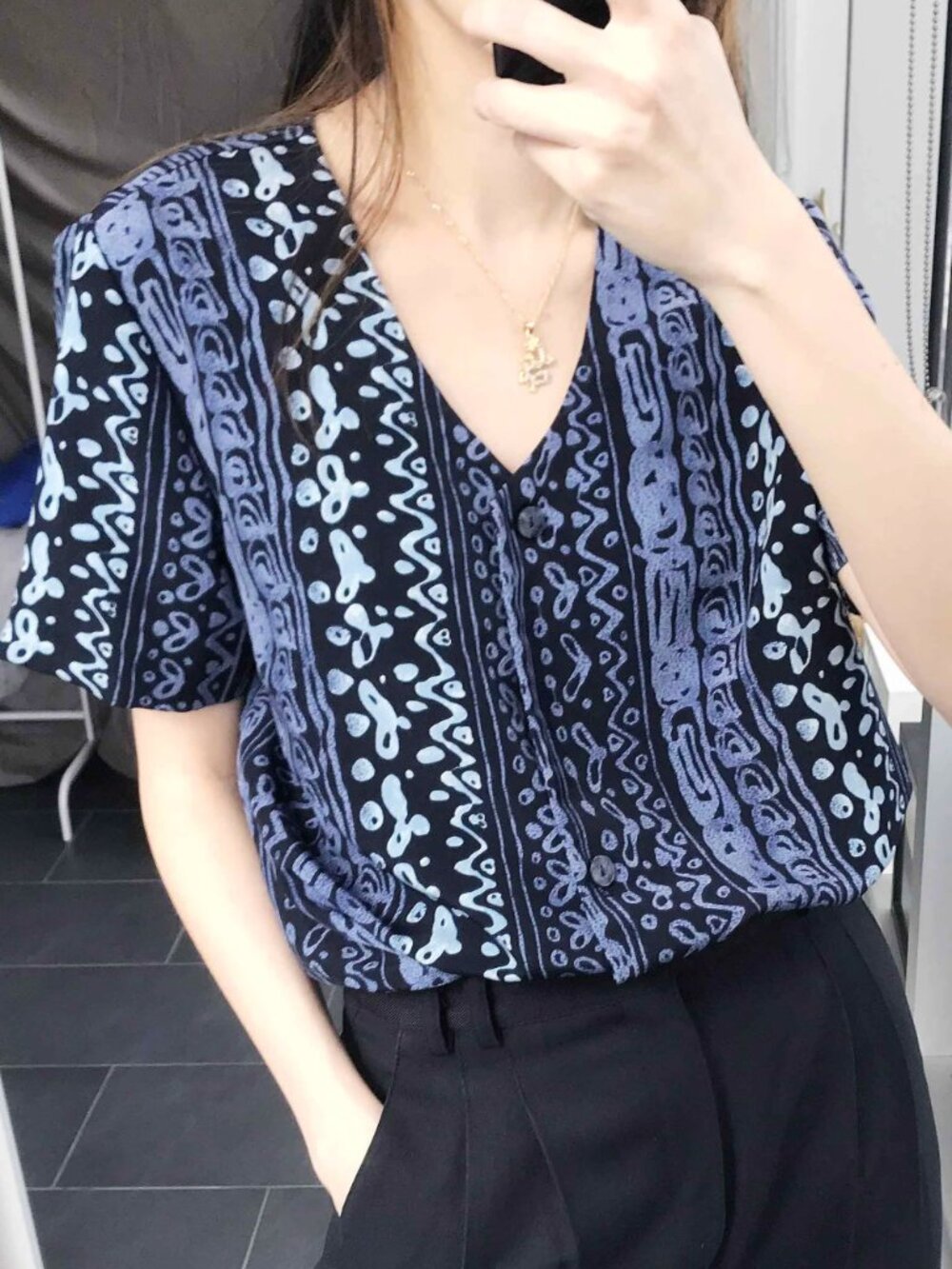 Blue Black Boho Ikat Print V-Neck Shirt